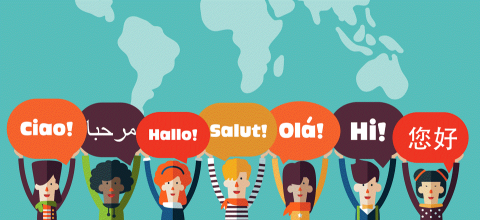Cartoon people holding speech bubbles with hello in different languages