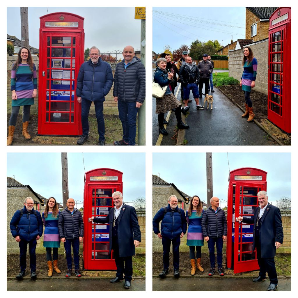 Four photos of the mayor and others around the phonebox