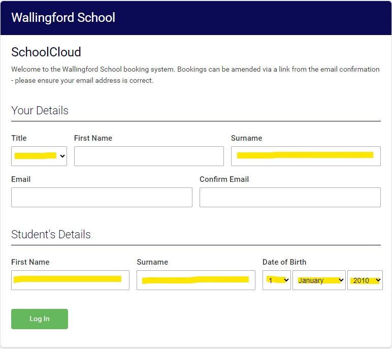 SchoolCloud login screen showing required highlighted sections