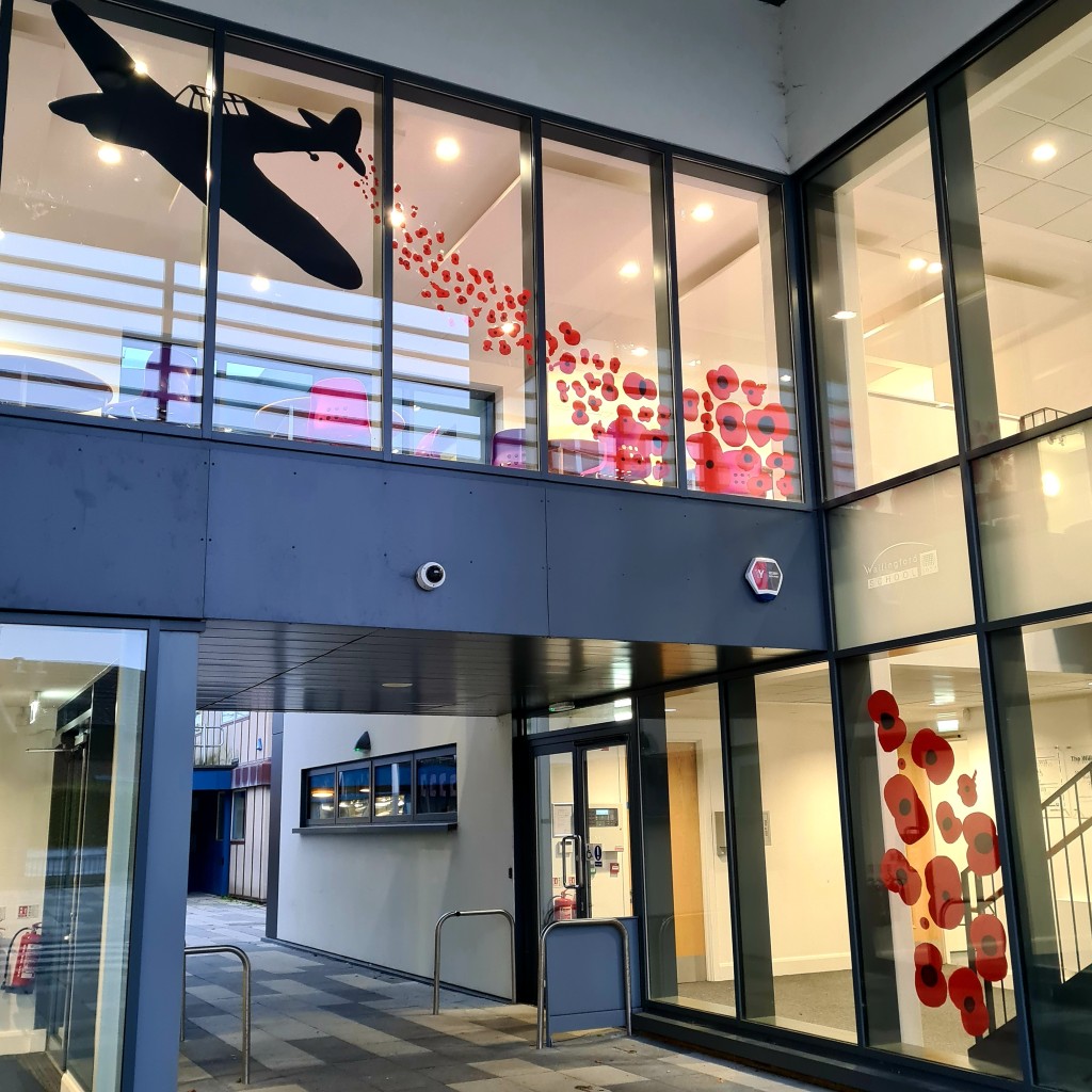 Silhouette of a plane in a window dropping hundreds of poppies