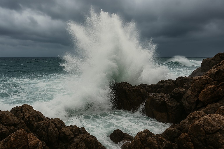 Ella Sutory (Year 8) - Junior Highly Commended Ocean wave crashing over brown rocks under a stormy sky