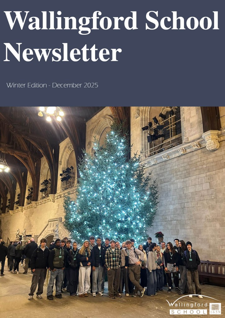 Winter Newsletter 2025 cover of students standing before a Christmas tree